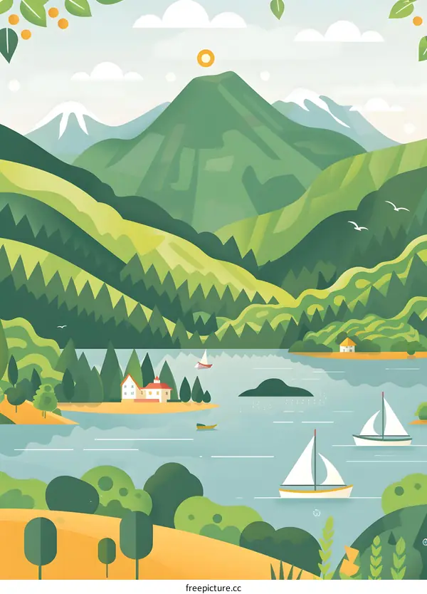 Mountain Lake Landscape Illustration