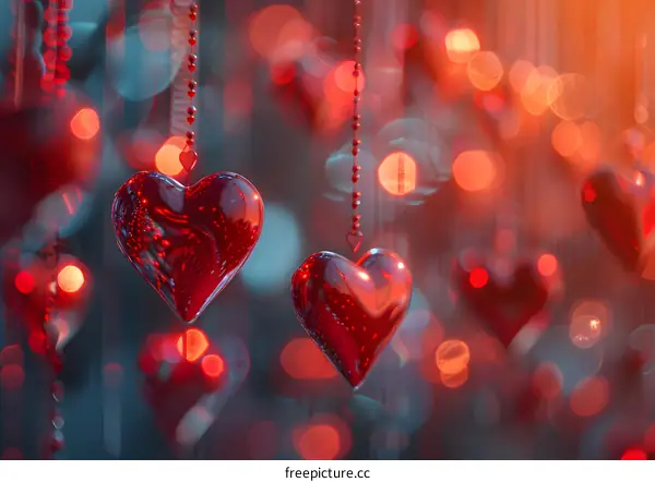 Two red heart-shaped ornaments hang from strings of red beads against an out-of-focus background of red and orange lights.