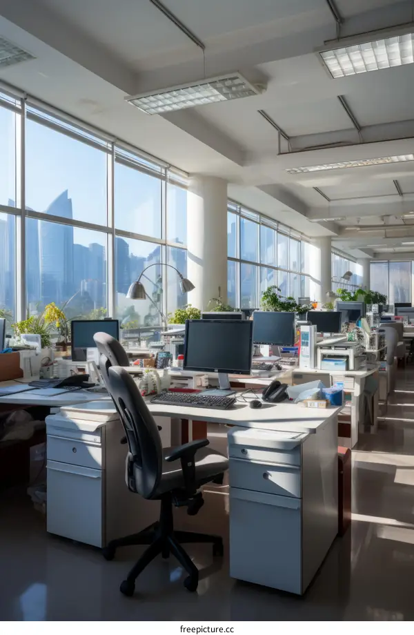 An empty office with computers and desks by the windows