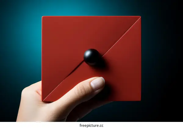 A hand holding a red envelope with a black ball on it