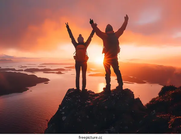 Couple Celebrating Success On Mountain Top at Sunset