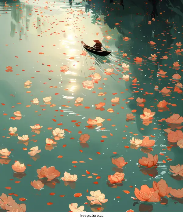A Dinghy on a River Surrounded by Lotus Flowers