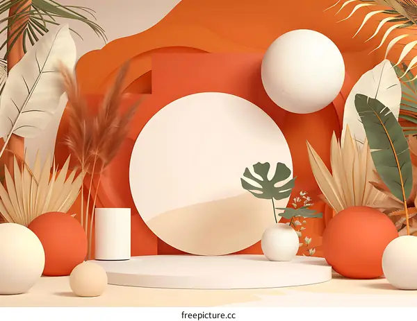 Abstract Minimalist 3D Background with Orange and White Colors, Leaves, and Geometric Shapes