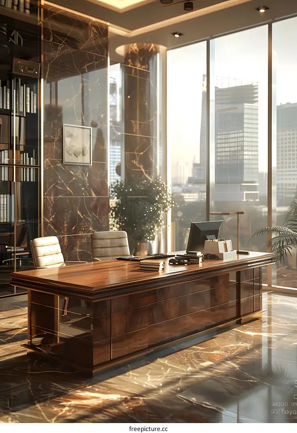 Modern office interior with large windows and wooden desk