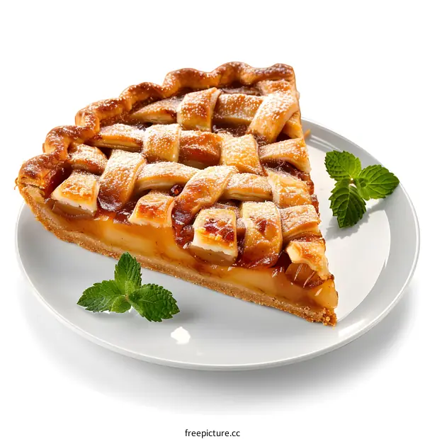 A slice of apple pie with mint leaves on a white plate