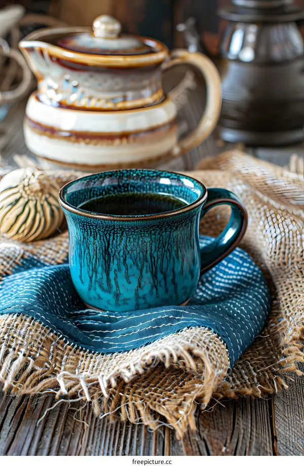 Blue Ceramic Teacup on Burlap Placemat