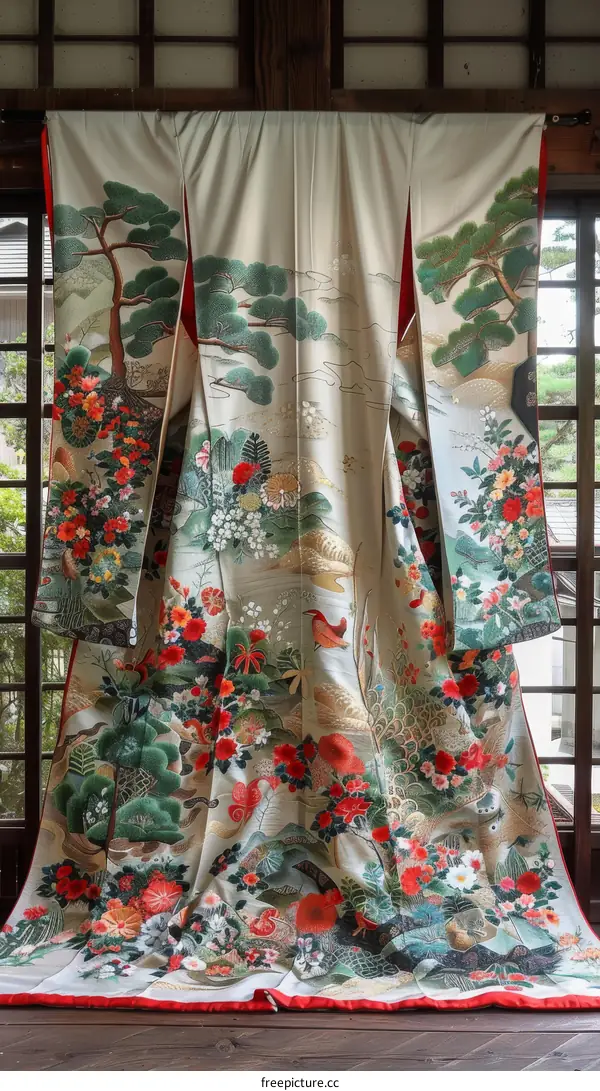 A kimono with a pattern of pine trees, flowers, and birds