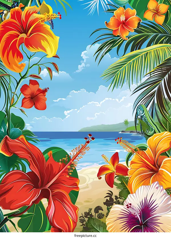 Tropical Beach with Colorful Hibiscus Flowers