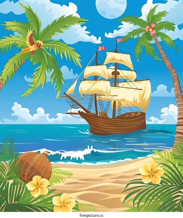 Tropical Island Scene with Ship and Palm Trees