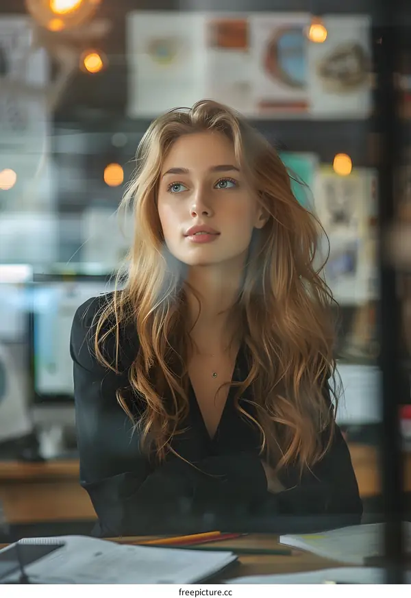 portrait of a beautiful blonde woman in a black dress looking away