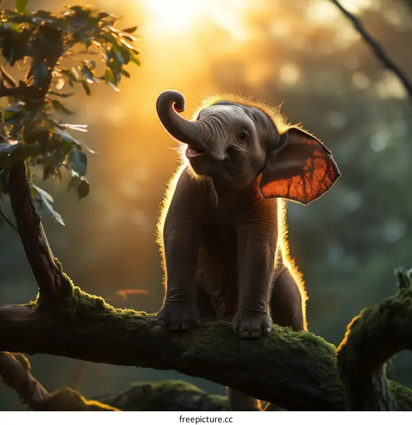Elephant standing on a tree branch with the sun shining through the trees