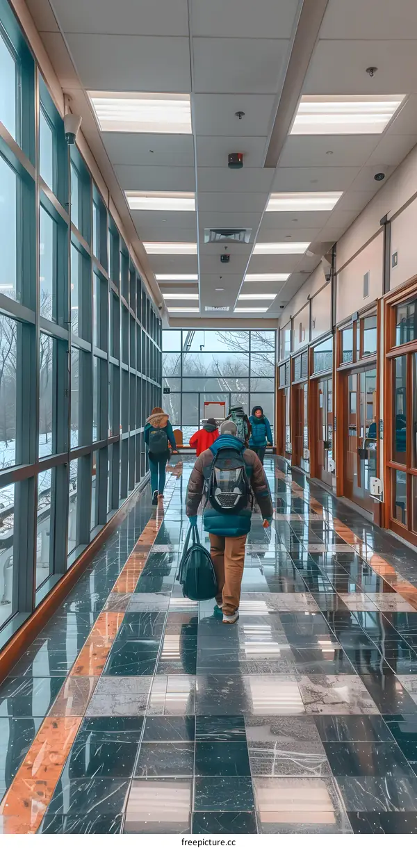 People Walking in a Modern Hallway with Glass Walls