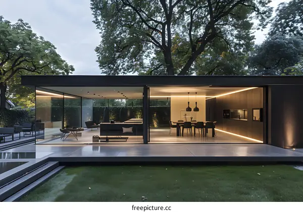 Modern Glass House with Outdoor Patio and Lush Greenery