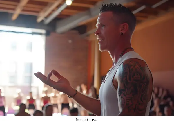 Man Leading Yoga Class with Hand in Mudra