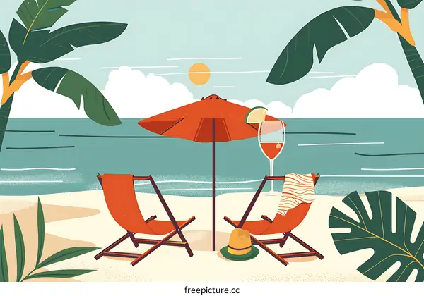 Summer Beach Illustration with Two Lounge Chairs and Cocktail