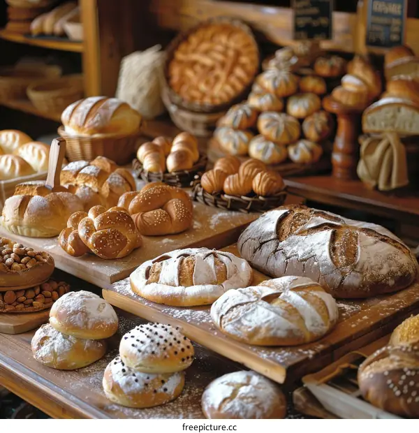 Assortment of Fresh Bread and Pastries on Wooden Table