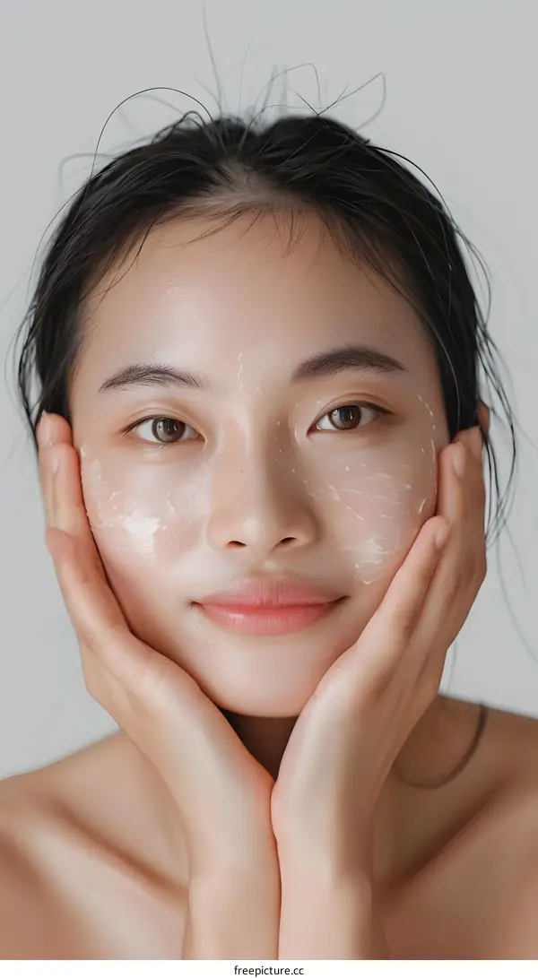 Closeup Portrait of a Young Woman Applying Face Cream