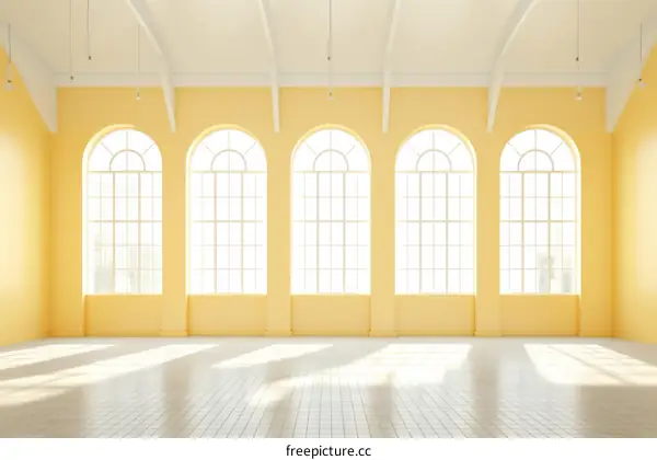 Bright Yellow Room with Arched Windows and Modern Interior