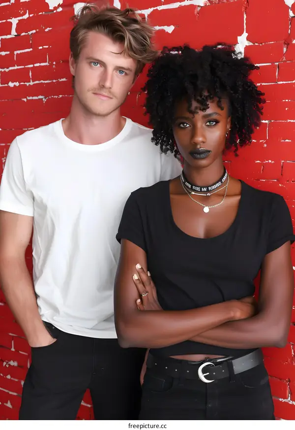 Couple Posing Against Red Brick Wall