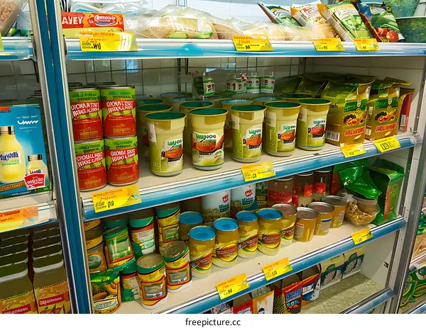 Grocery Store Shelf with Canned Goods and Other Food Items