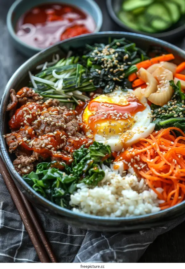 Korean Bibimbap with Rice, Beef, and Vegetables