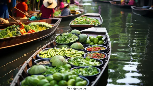 Floating market in Thailand with boats full of fresh fruits and vegetables