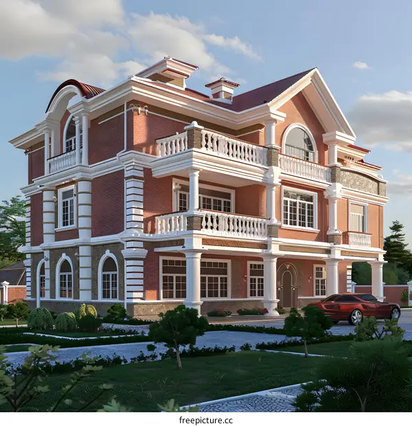 Modern Brick Home with Balconies and a Garage