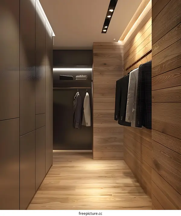 Modern Walk In Closet Interior Design with Wooden Panels and Lighting