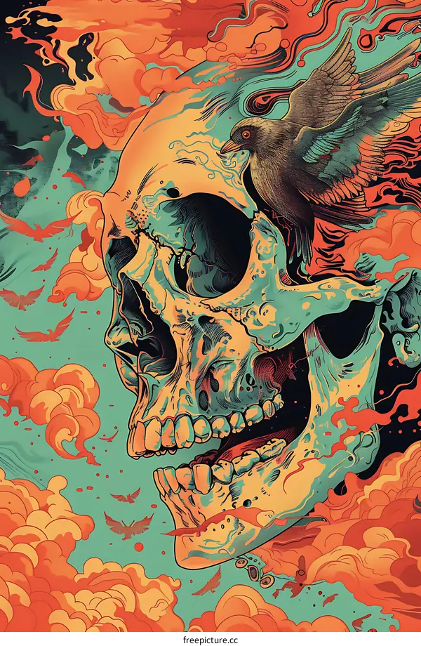 Abstract Skull with Birds Flying in Sky
