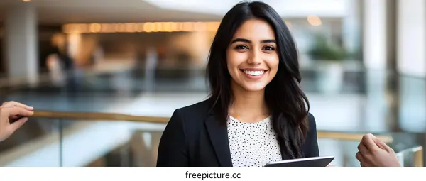 Smiling Businesswoman Holding Tablet in Office Building