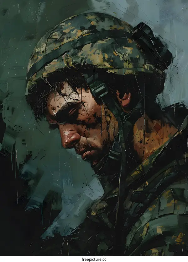 A portrait of a soldier wearing a camouflage helmet.