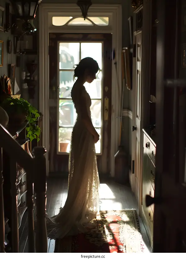 A bride standing in the sunlight in a vintage home with dark wood floors and a colorful rug