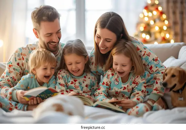 Family in Christmas pajamas reading a book together