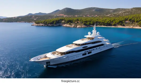 Luxury White Yacht Cruising in Turquoise Waters with Lush Green Islands