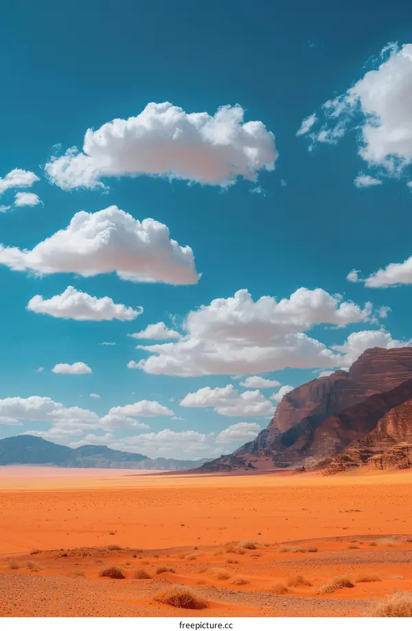 A vast desert landscape with a clear blue sky and white clouds
