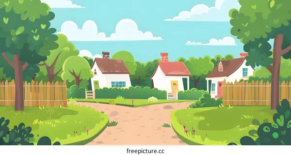 Cartoon Illustration of Houses in a Lush Green Meadow with a Dirt Path Leading Through