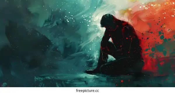 A dark figure sits on a pier overlooking a stormy sea.