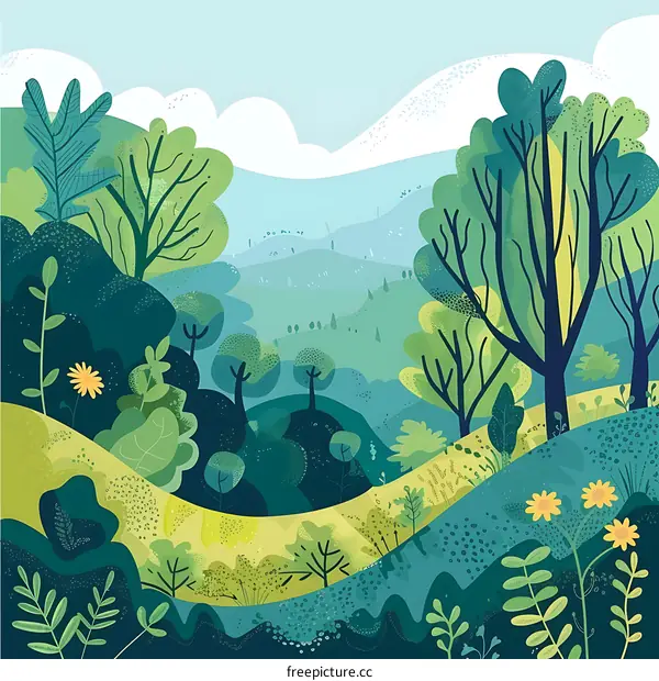 Green Forest Hills Landscape Illustration