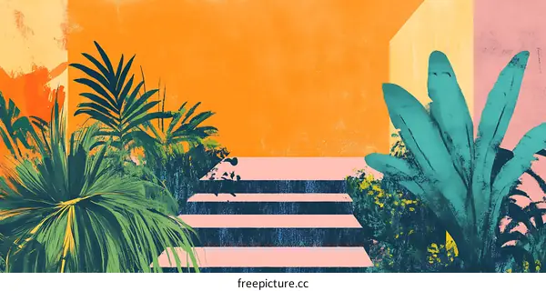 Tropical Leaves and Steps Against a Vibrant Orange Wall