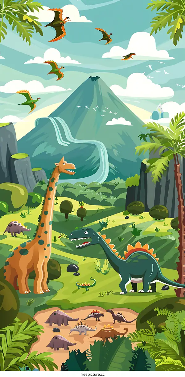 Cartoon Landscape with Dinosaurs and Flying Pterosaurs