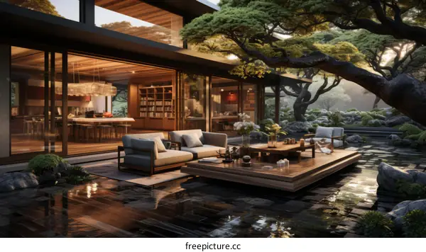 Tranquil Japanese House with Serene Garden and Pond