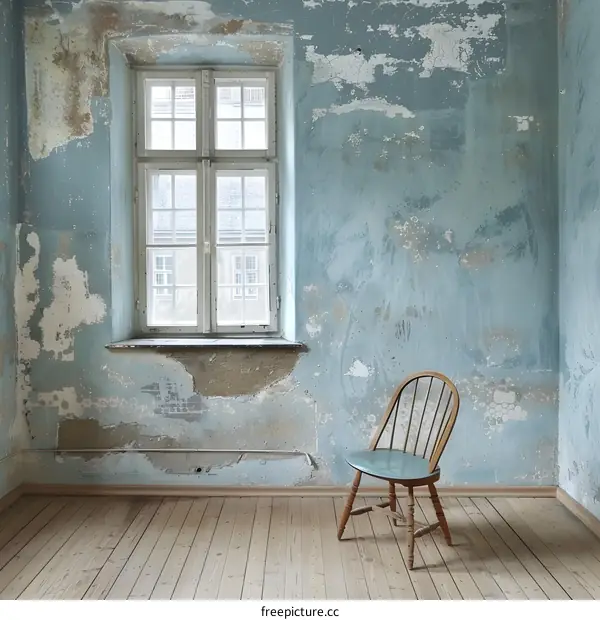 Old Chair in a Room with Peeling Blue Walls and a Window