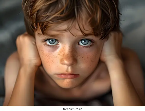 Portrait of a Young Boy with Blue Eyes and Freckles