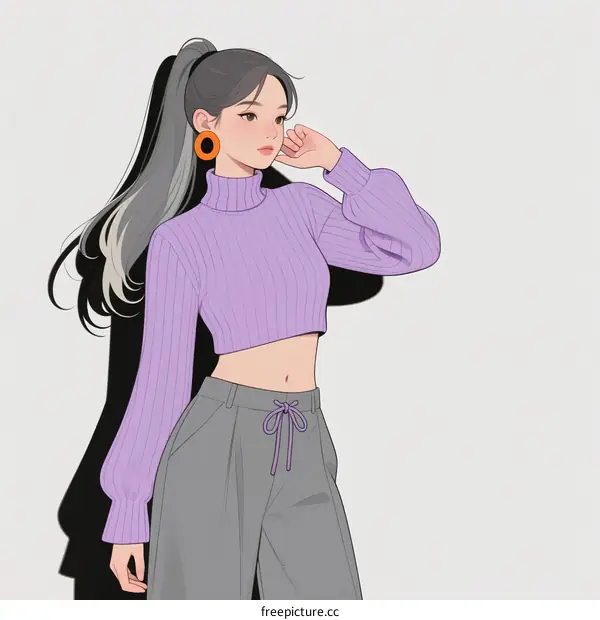 A Young Woman Wearing Purple Turtleneck Sweater and Gray Pants