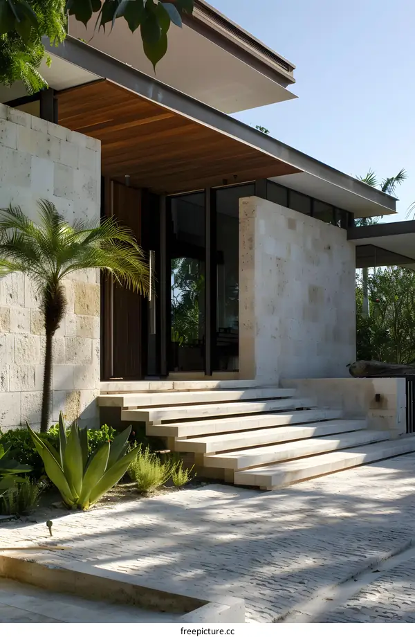 Modern Home Entrance With Stone Steps and Palm Tree