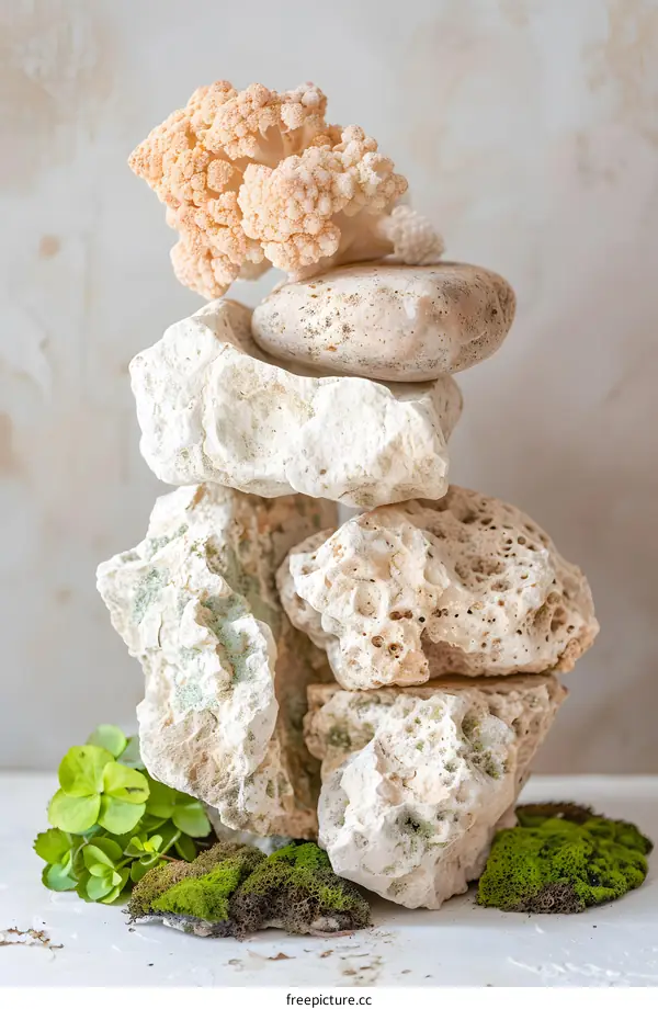Stack of White Rocks With Green Moss and a Cauliflower Flower