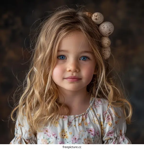 Portrait of a blonde girl with blue eyes wearing a wreath of quail eggs