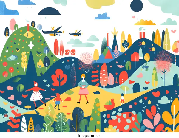 Colorful Abstract Landscape Illustration With People
