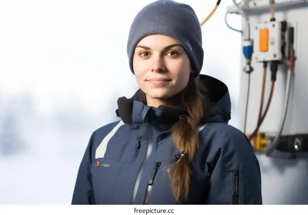 Portrait of a young female scientist wearing a blue beanie and blue jacket standing in front of a large machine