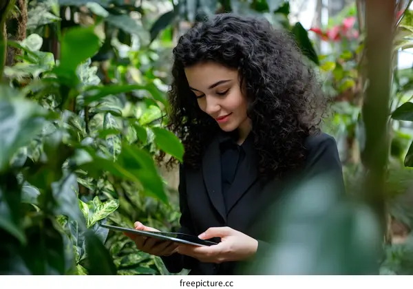 Woman with Curly Hair Using Tablet in Greenhouse